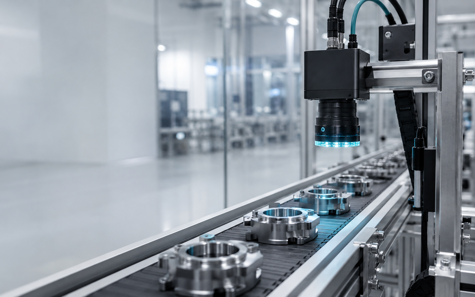 Caméra de vision industrielle inspectant des pièces sur un convoyeur