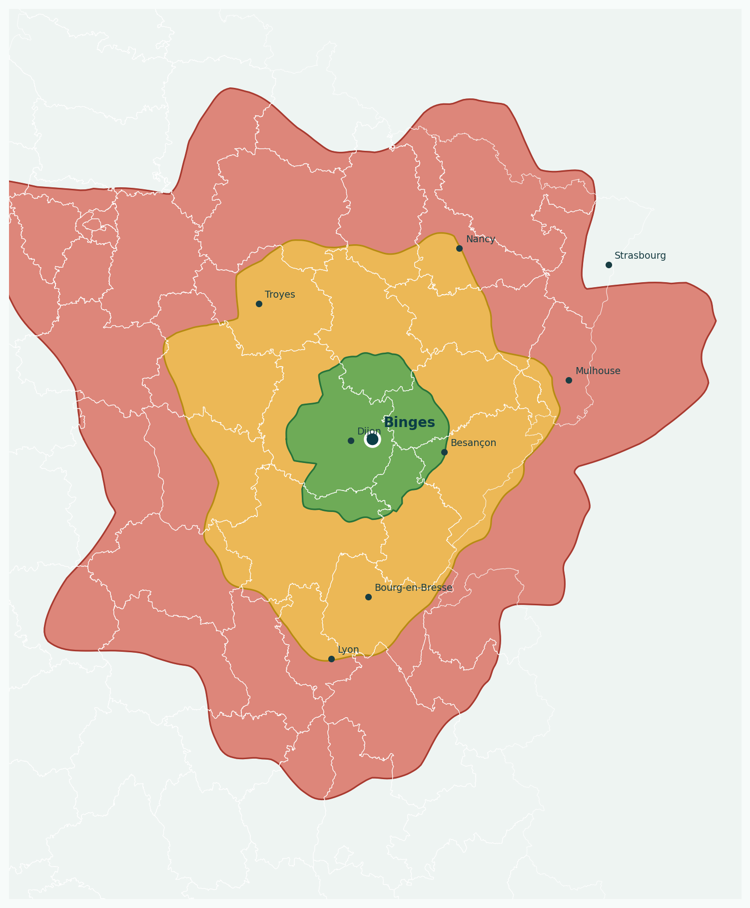 Carte des zones d’intervention en voiture : vert jusqu’à 1 h 15, jaune jusqu’à 2 h 30 et rouge jusqu’à 4 h